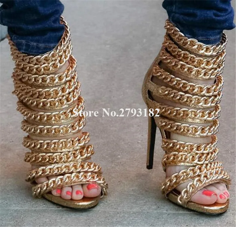 

Women Luxurious Fashion Open Toe Gold Chains Decorated Stiletto Heel Gladiator Sandals Zipper-up Gold Black High Heel Sandals