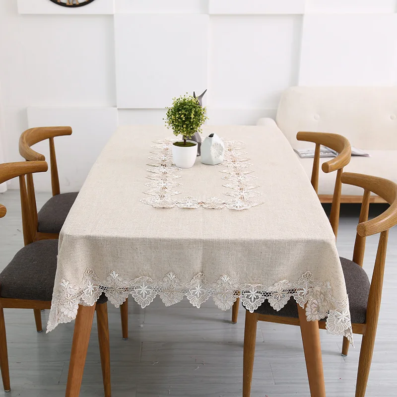 Plain Colour Tablecloth Cotton Linen Pure Light Gray European Style Cover Map Lace Hem Washable Table Cloth for Tea Table