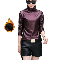 Large size 4XL punk turtleneck t-shirt comfortable PU leather t shirt women long sleeve velvet warm winter basic blusas shirts