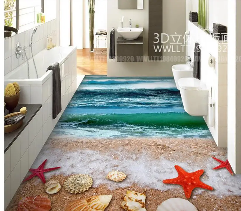 

3d customized wallpaper Home Decoration Waves Beach shell Bathroom Dining Room 3D Floor pvc wallpaper 3d