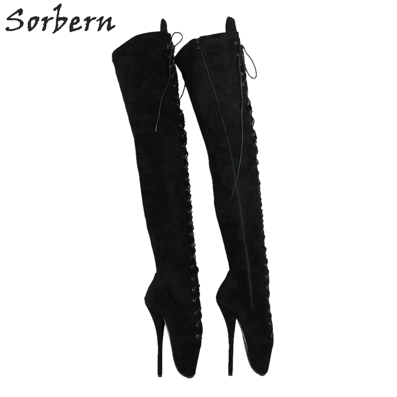 Sorbern 70Cm Crotch Thigh High Boots Unisex Plus Size 46 Ballet Stiletto High Heels Custom Order Black Faux Suede Fetish Boots