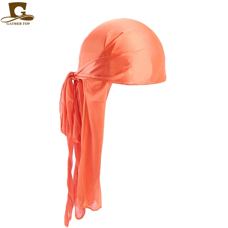 Wholesale Durag silk Long Tail Scarf Cap Men\'s Satin Durags Bandanna Turban Wigs Men Silky Durag Headwear Pirate Hat 13 colors