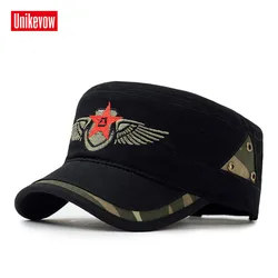 Markowe czapki wojskowe Unikevow z haftowaną gwiazdą czapka z płaskim wierzchem z daszkiem dla mężczyzn i kobiet Militaire gorra