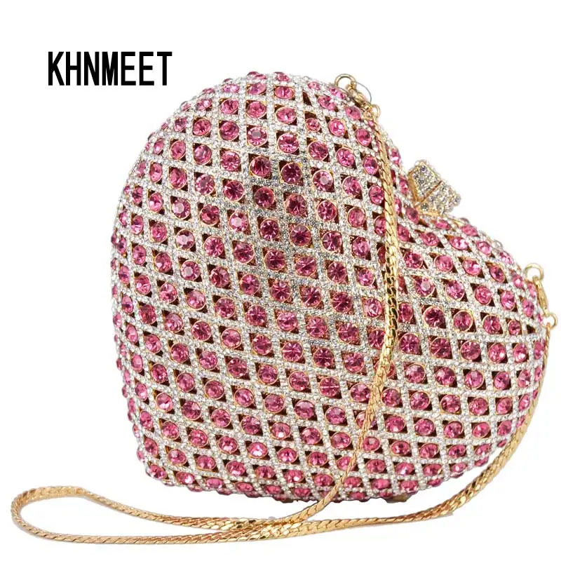 

KHNMEET Heart Pink Crystal Boutique Wristlets Diamond Evening Bags Chain Clutch Bags Wedding Party Purse Day Clutches SC778