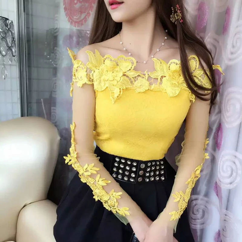 Camicetta di pizzo moda estate 2024 Sexy Slash Neck camicie con spalle scoperte Ladies Office coreano top costumi autunnali a maniche lunghe