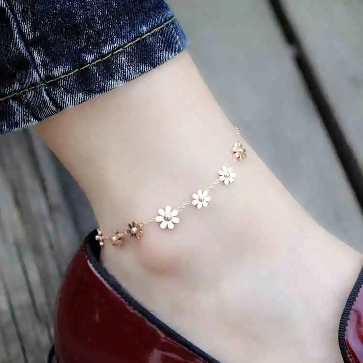 YUN RUO Fashion Brand Rose Gold Color Daisy Flower Bracelet Charms 316L Stainless Steel Jewelry Woman Chain Link Prevent Fade