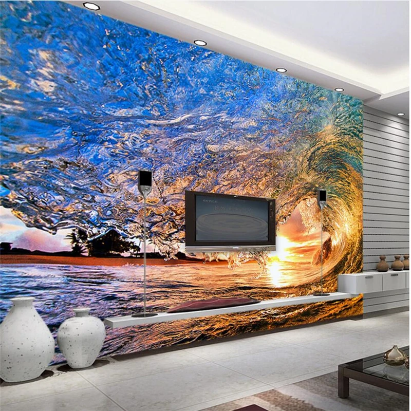 

wellyu Sea waves sunrise Oriental background wall custom large mural green silk wallpaper papel de parede para quarto