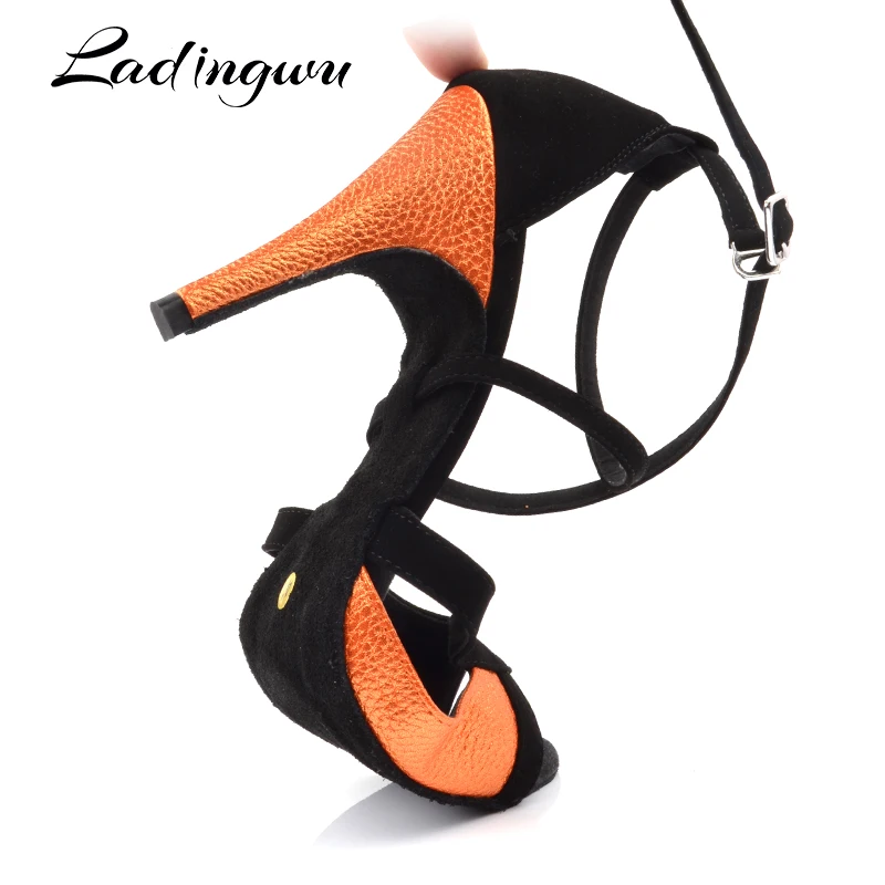 Ladingwu – chaussures de danse en flanelle noire et Orange pour femmes, sandales de danse latine PU pour salle de bal, talon 10cm