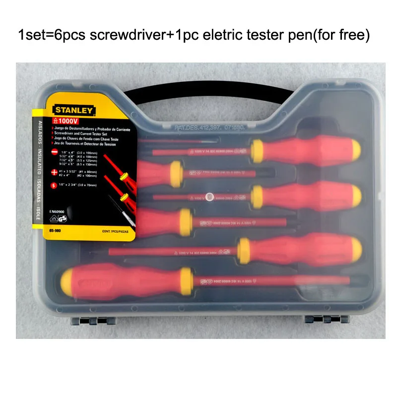 Stanley 65-980 1000v-volt insulated screwdriver set kit red color alloy steel, 7piece(including of tester pen for free)