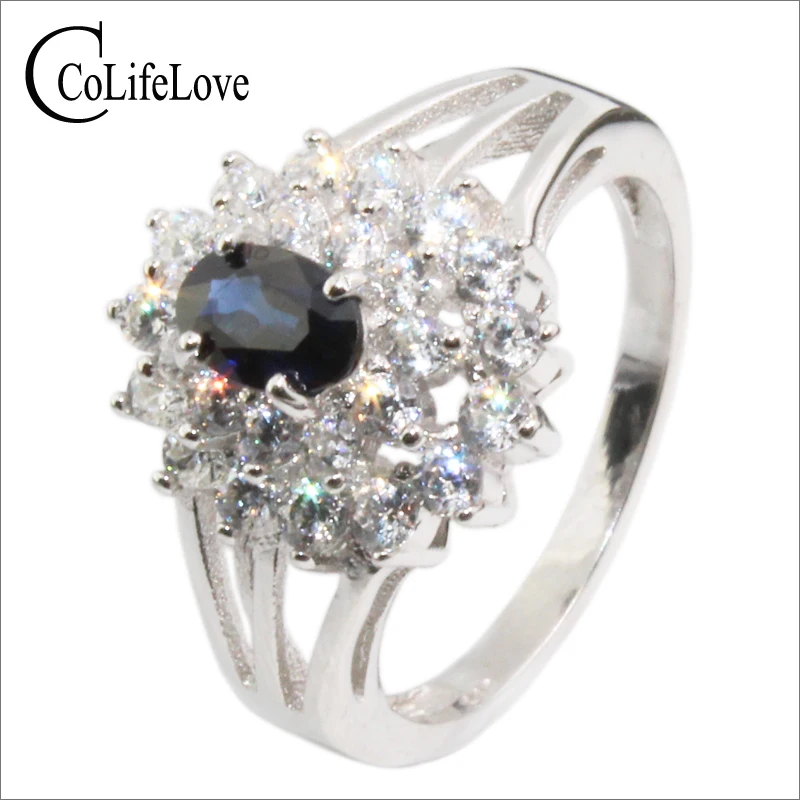 Elegant silver sapphire ring 4 mm * 6 mm genuine dark blue sapphire real 925 silver 0.5 ct sapphire wedding ring romantic gift