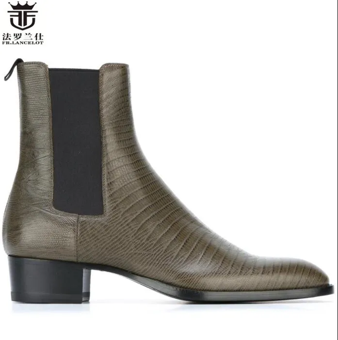 

Fr.Lancelot Chelsea Boot Men Print Leather Boots British Style Point Toe Ankle Boots Top Quality Party Men Brand Boots