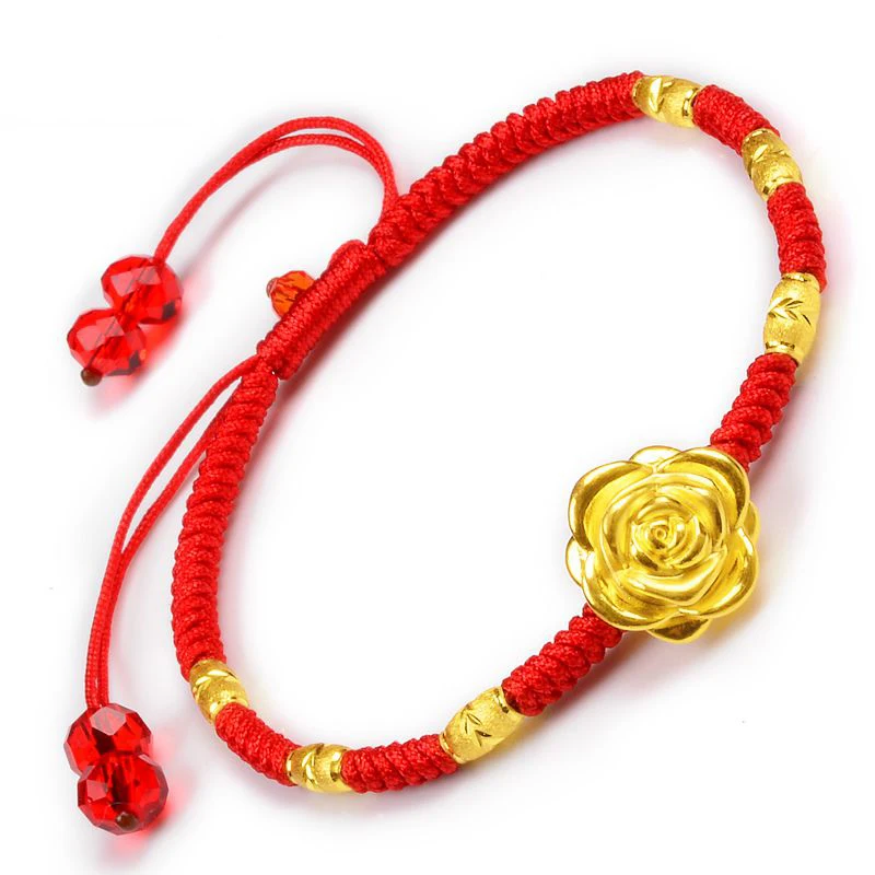 Real 24k Yellow Gold 3D Women Beauty Flower Pendant Red Rope Weave Bracelet