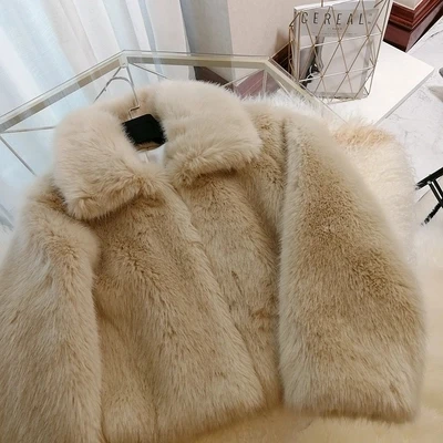MESHARE Women Winter New Small Apricot Lapel Short Loose Thick Warm Faux Fur Coat