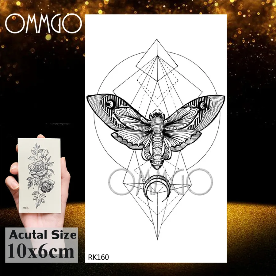 OMMGO Geometric Butterfly Moth Pendant Temporary Tattoos Sticker Anchor Diamond Circle Rhombus Tatoos Body Art Black Fake Tattoo