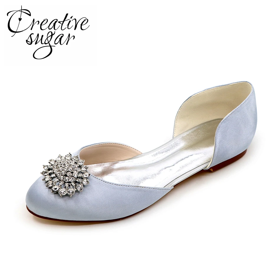 Creativesugar Fashion crystal Charm d'orsay separate flat women's rounded toe wedding evening party prom satin shoes sandals