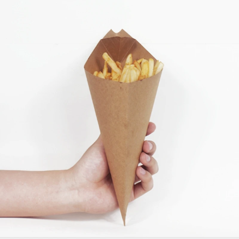 

Creative Cone Shape Bags, Disposable French Fries Box, Waterproof and Anti-Oil Food Grade Kraft Paper Box, Fried Food Package