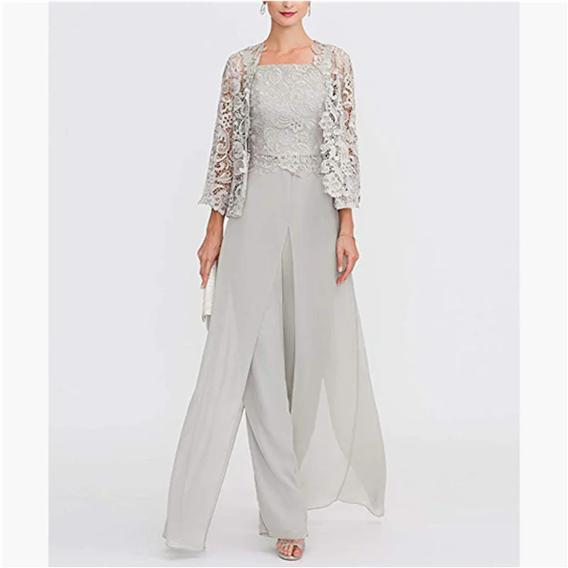 Robes Meres Du Marié Customized Mother of The Bride Pant Suit Elegant Gray Lace Chiffon Formal Evening Dresses For Wedding Party