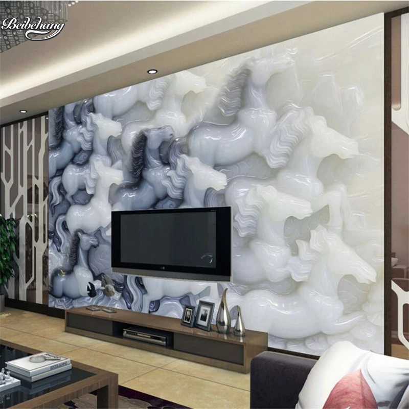 beibehang Jade carved horses gallop Chinese mural TV wall background custom large fresco non woven fabric wallpaper