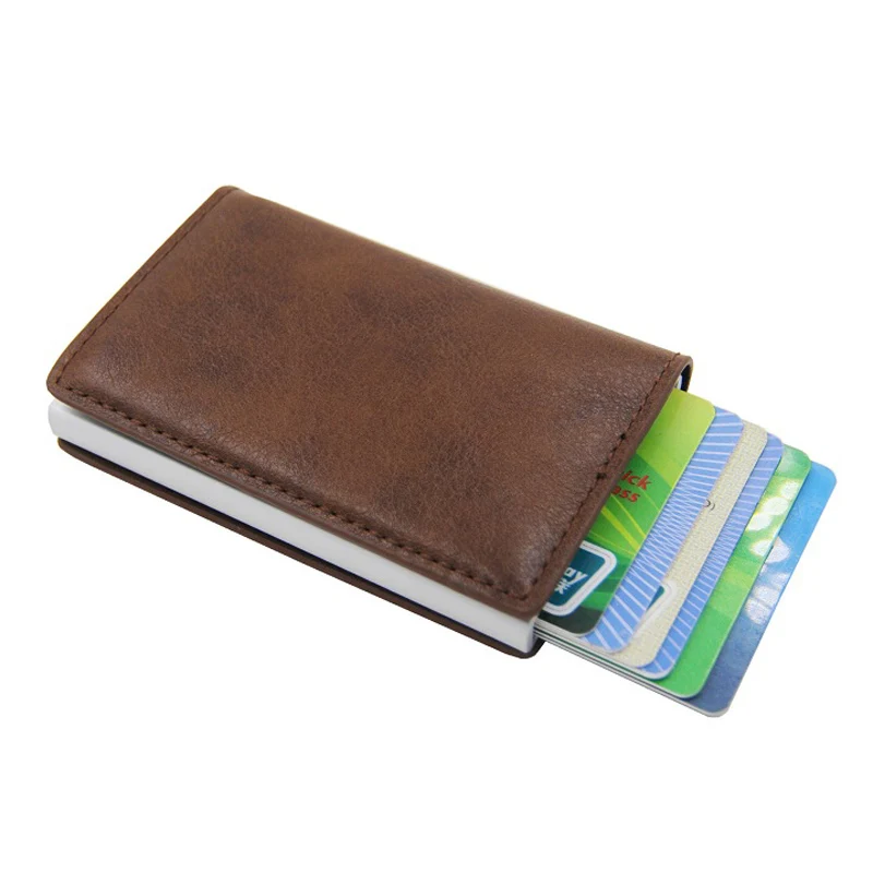 

New Antitheft Men Brand Credit Card Holder Blocking Rfid Wallet Leather Unisex Security Information Aluminum Metal Purse 5Colors