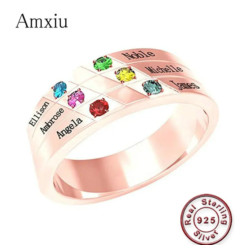 Amxiu Custom 100% 925 Silver Name Ring with Birthstones Jewelry Personalized Ring with Six Engraved Names Rings For Women Gift