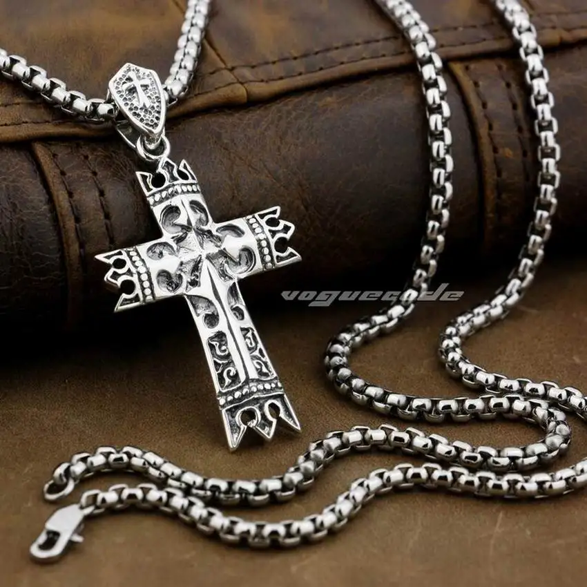 LINSION King Crown Knight Cross 925 Sterling Silver Mens Biker Rock Punk Pendant 8A005