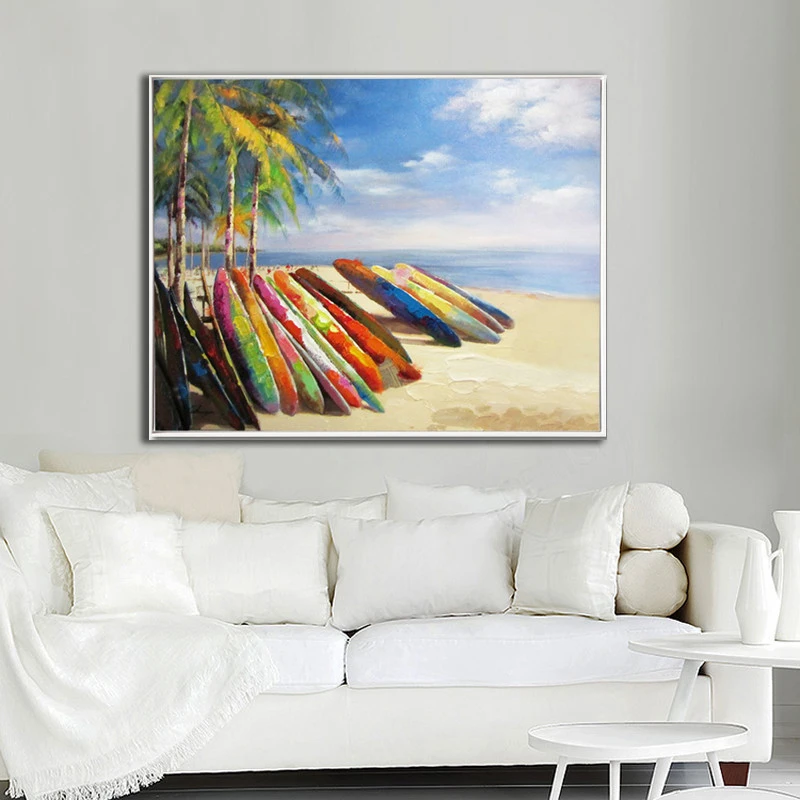 Hot Sale Decorative Poster Beach Scene pintura Canvas Sand Hawaii Vavation Oil Painting Palm Trees Big Size For Home Decor