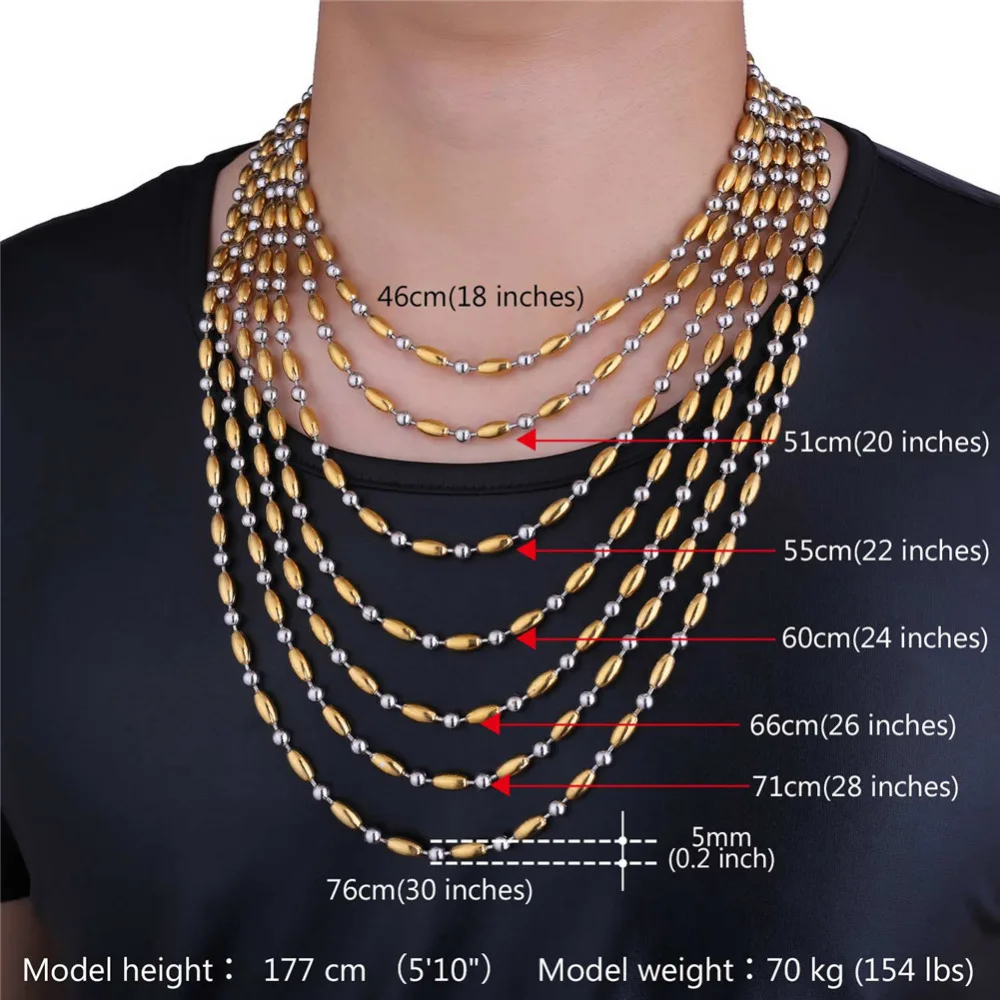 U7 Two Tone Stainless Steel Rice Beads Chain Necklace Choker 5MM Punk Hip Hop Necklaces For Women/Men Jewelry N1103 QC24