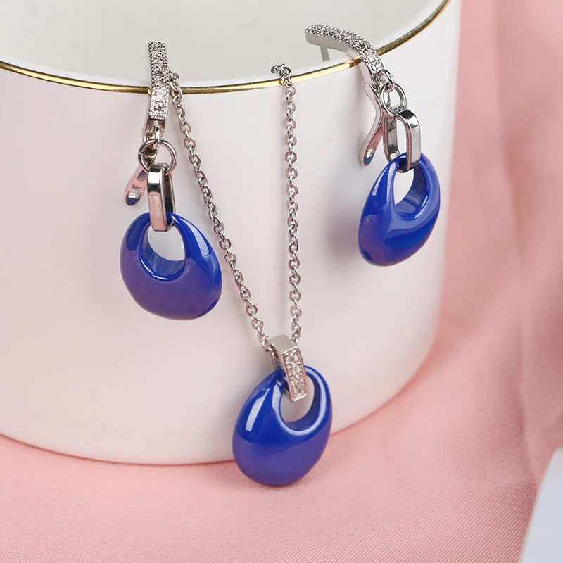 New Design Blue Water Drop Jewelry Set Elegant Temperament Never Lose Color Healthy Ceramic Earrings Necklace Bling Crystal Gift