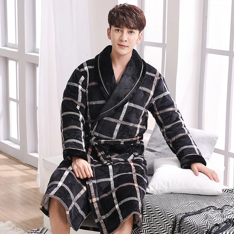 New Men Winter 3 Layers Coral Feece Quilted Robe Plaid Long Sleeve Kimono Bathrobe Gown Casual Home Clothes Male SPA Sleep Wear