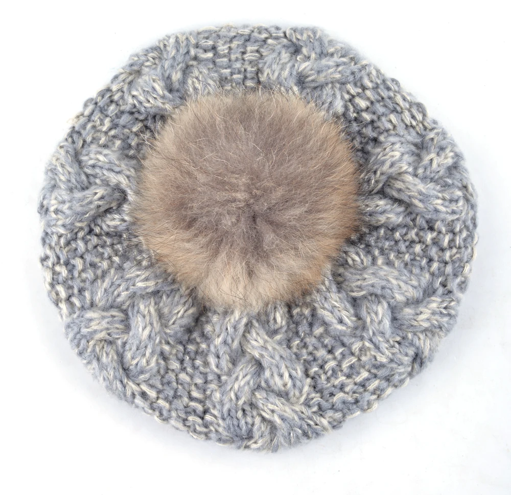 2018 Winter Raccoon fur pompom beret ladies knit wool hat hand-knitted cap female berets hats for women boina feminina Gorras