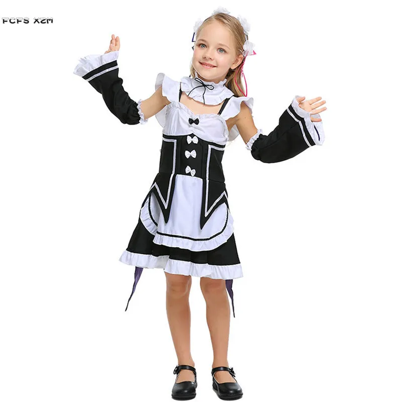 Girls Halloween Ram Rem Costume Children Maid Cosplay Re:Zero Kara Hajimeru Isekai Seikatsu Starting Life In Another World Dress