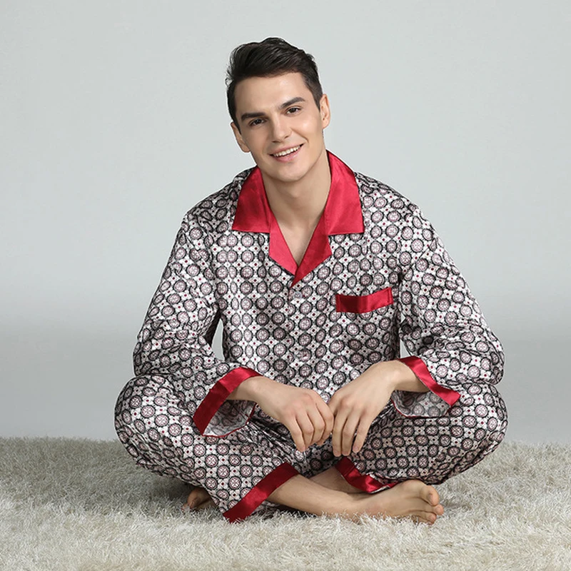 Novos conjuntos de pijama de cetim de seda dos homens manga longa pijamas conjunto de duas peças pijamas terno masculino respirável pijamas loungewear