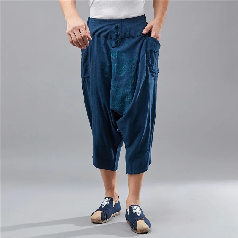 

LZJN 2019 Summer Cropped Trousers Chinese Dragon Embroidery Linen Long Shorts for Men Harem Pants Bermuda Casual Short Pants