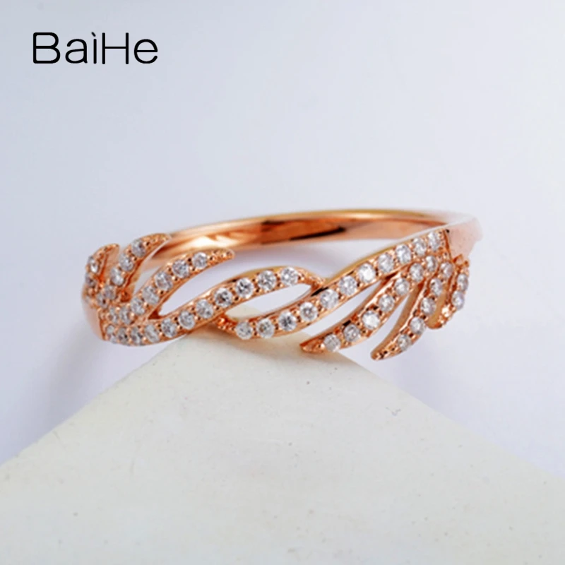 BAIHE Solid 14K Rose Gold 0.16CT H/SI Natural Diamond Feather Ring Women Trendy Wedding Engagement Fine Jewelry Anel de Penas