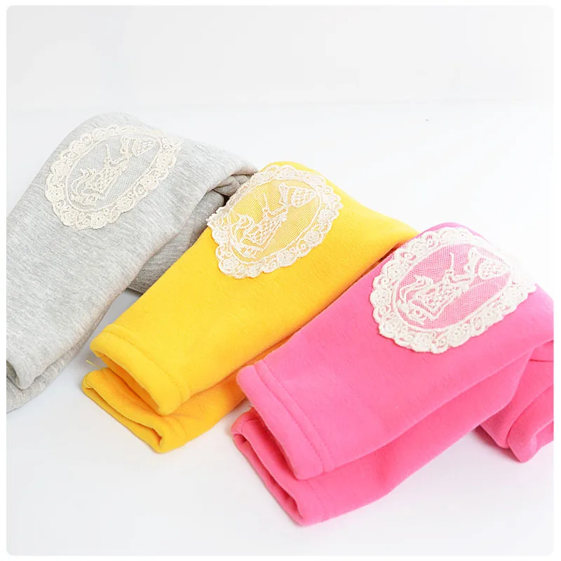 

22015 new fashion winter warm cotton and thick velvet Lace patch baby pants 0-4 year girls leggings girls pants