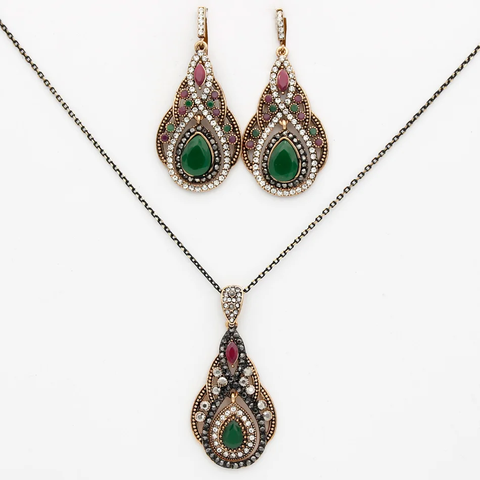 Vintage Turkish Women Jewelry Sets Long Hook Dangle Earring Water Drop Pendant Necklace Antique Gold Color Arabic Bride Bijoux