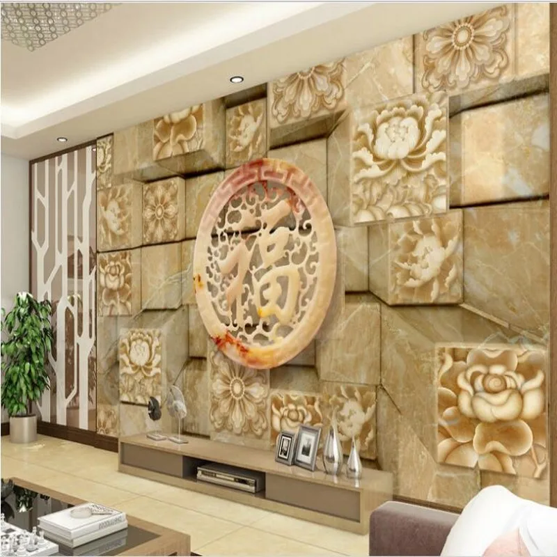 

wellyu Customized large-scale wall muralist and Fu word 3D space three-dimensional jade TV wall wallpaper wallpaper