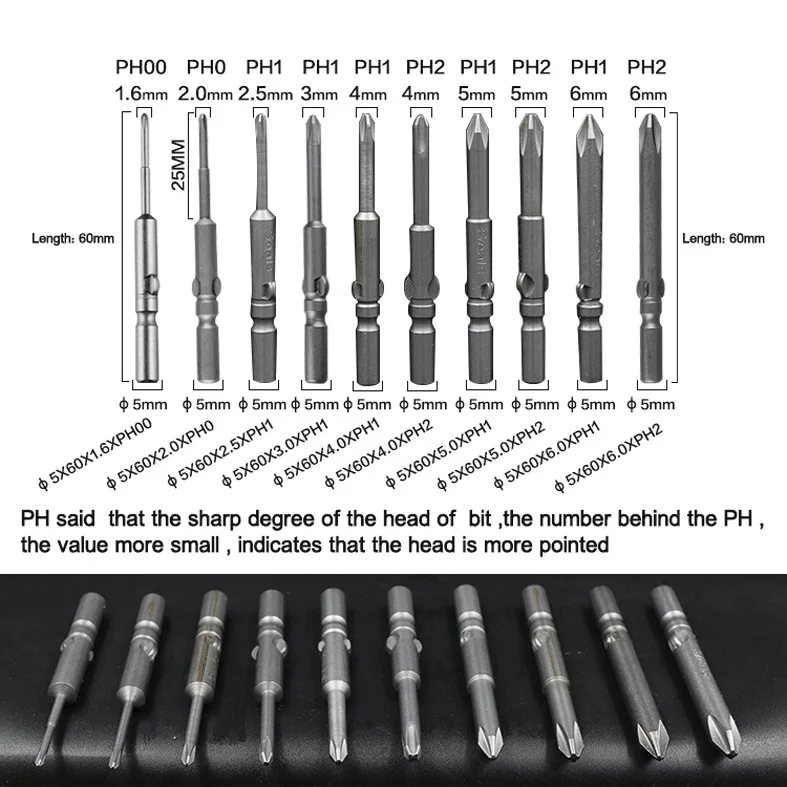 2pcs/lot 5mm Shank Diameter Magnetic Screwdriver Bits for 801 Electronic Screwdriver S2 Material 60/80/100mm Length PH0/PH1/PH2