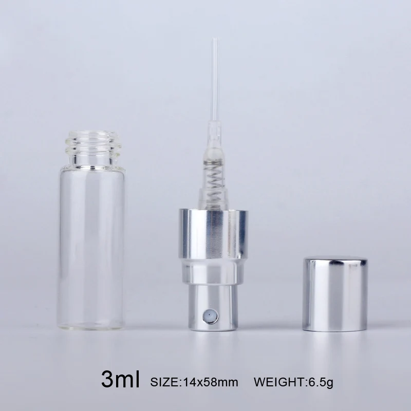 100PC/Lot 3ml Portable Sample Spray Bottle Transparet Glass Perfume Bottle Atomizer Silver Metal Pump Travel Bottle Container