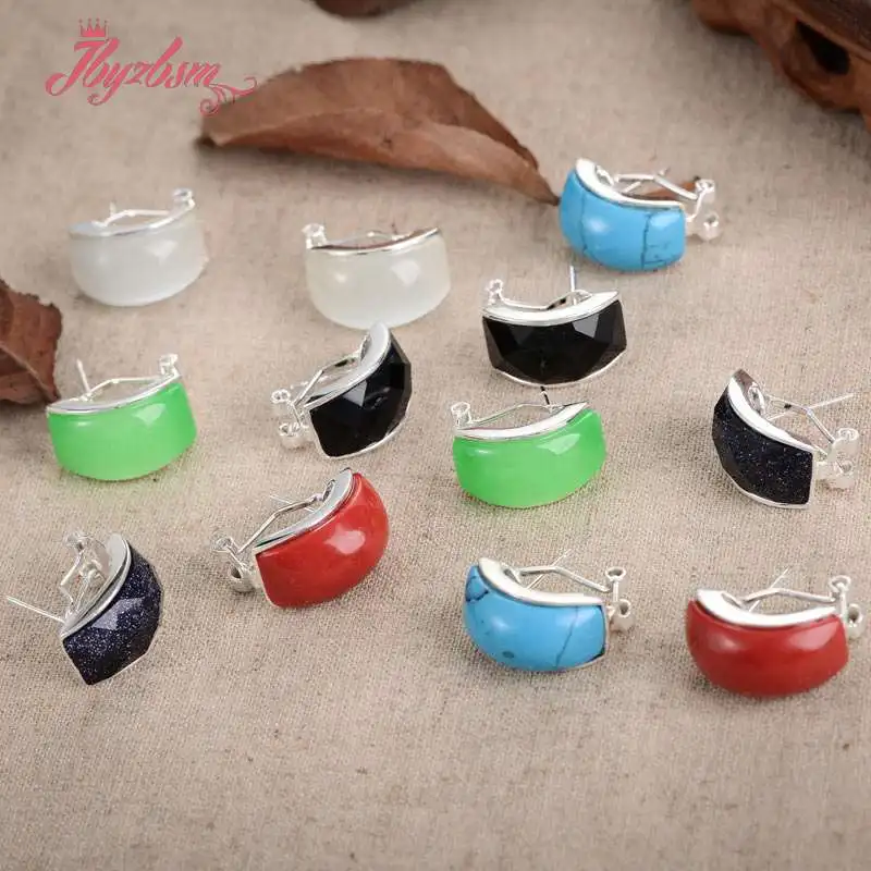 10x20mm Curved Stone Beads Cat eye,Agates,Coral,Jades Tibetan Silver Fashion Clamp Earring For Woman Christmas Gift 1 Pair