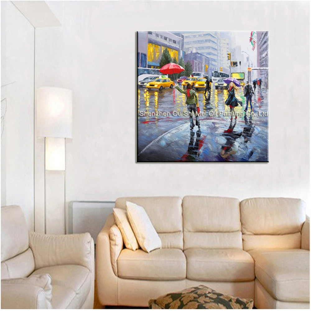 Girl with Red Umbrella Rain Street New York Scenery Paintings Hand painted Knife Landscape Painting on Canvas for Wall Decor