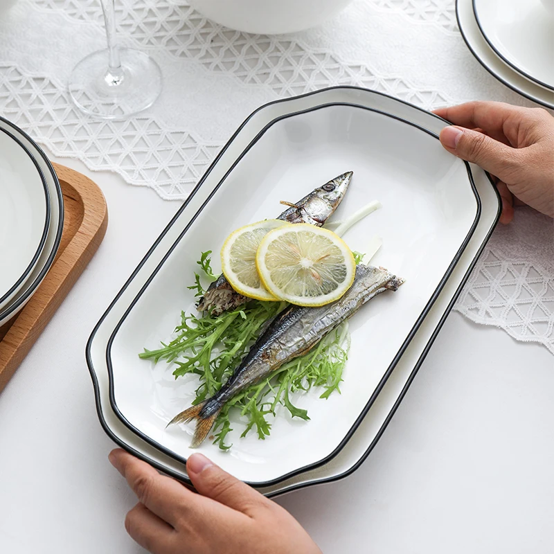 White With Black Edge Dinner Plate Set Ceramic Serving Tray Food Dishes Rice Salad Noodles Bowl Soup Kitchen Dinnerware