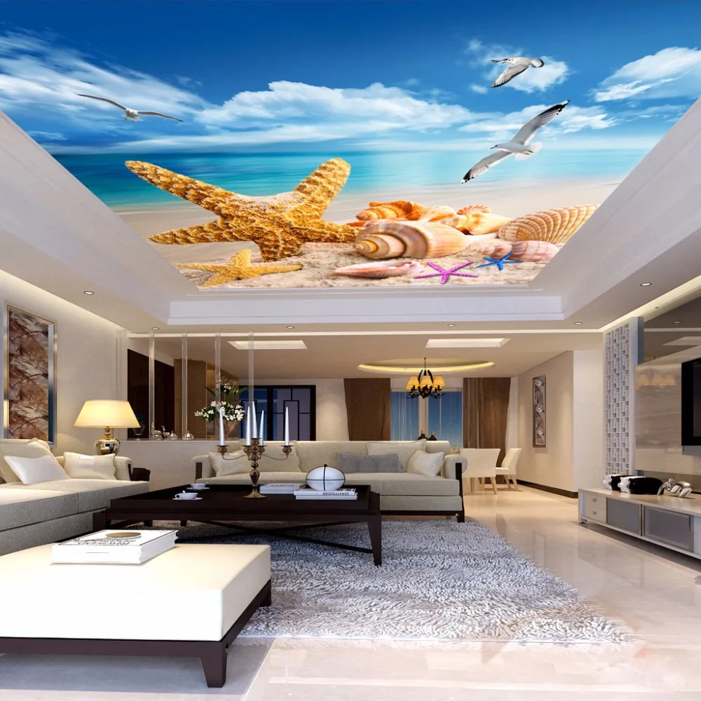 Custom 3D Photo Wallpaper Fresco Living Room Bedroom Ceiling Mural Beach Starfish Seabird Wall Papers Home Decor Papel De Parede