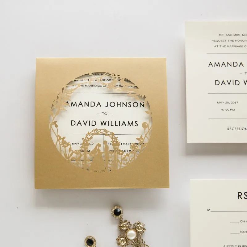 

Elegant Gold Laser Cut Wedding Invites, Romantic Invitations