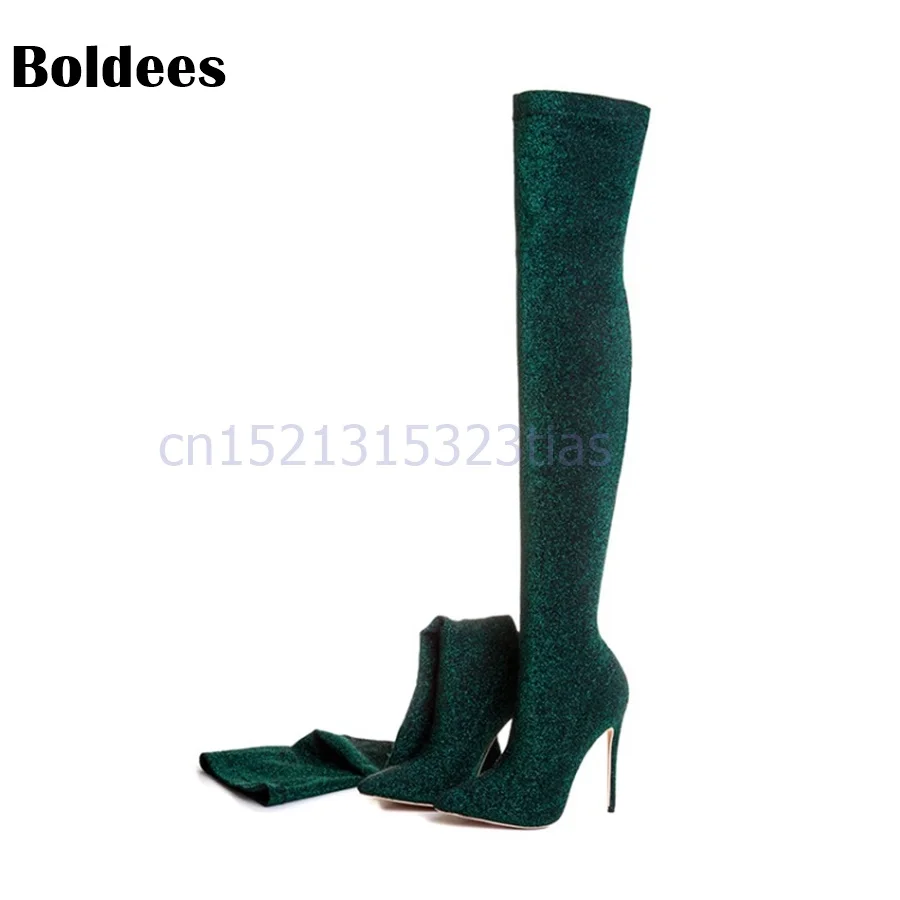 

Sexy High Heel Sock Boots Women Over The Knee Boots Pointed Toe Sequined Stretch Newest Fashion Long Boots