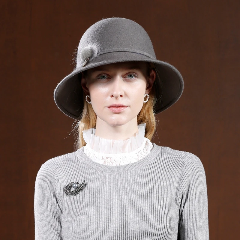 

Lady Vintage 100% Wool Dome Hats Girls Large Wide Brim Cap Wool Fedora Hat Women Flowers Gray Church Hats Adjust A34