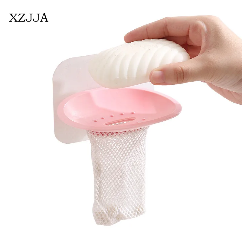 XZJJA 1PCS Non-Trace Sucking Disc Drainage Storage Rack Plastic Soap Holder With Foam Mesh Bag Home Bathroom Toilet Accessories