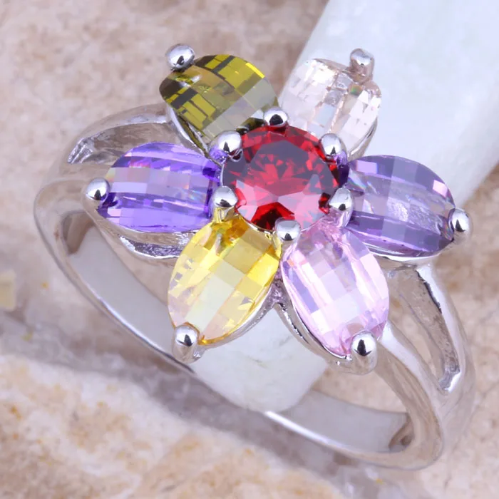 Incredible Multigem Purple Cubic Zirconia Silver Plated  Women\'s Flower Jewelry Ring Size 6 / 7 / 8 / 9 R1194