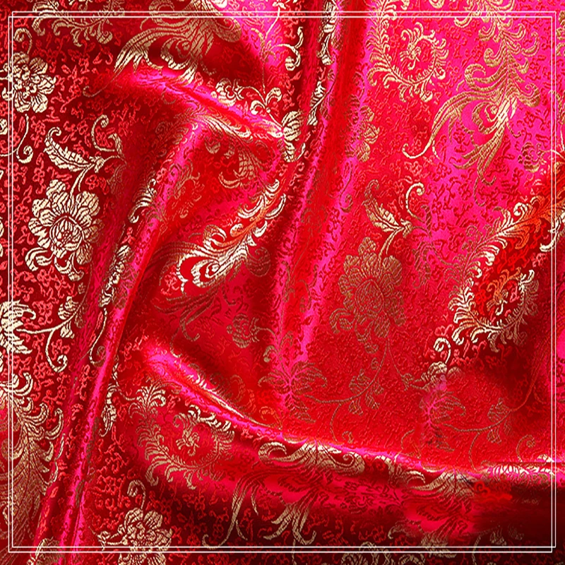 High quality brocade jacquard polyester red background golden Phoenix Tail fabric for patchwork tissue women dress by 100x90