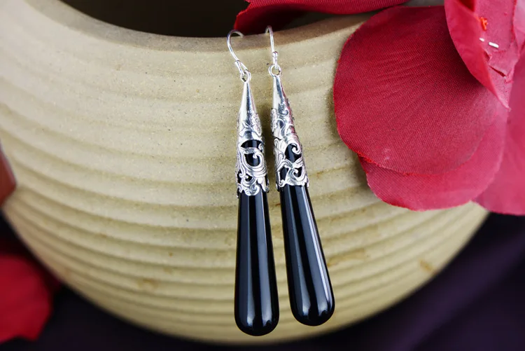 S925 Sterling Silver Jewelry Wholesale Retro Fashion Long Section of Black Onyx Teardrop-Shaped Earrings Female Shipping